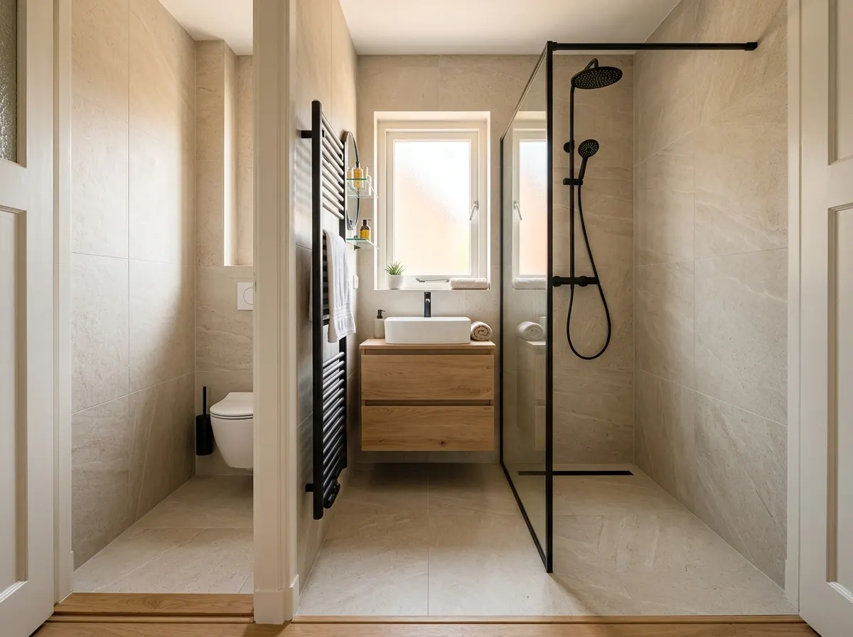 Een afgeronde badkamerrenovatie met inloopdouche en hangend toilet