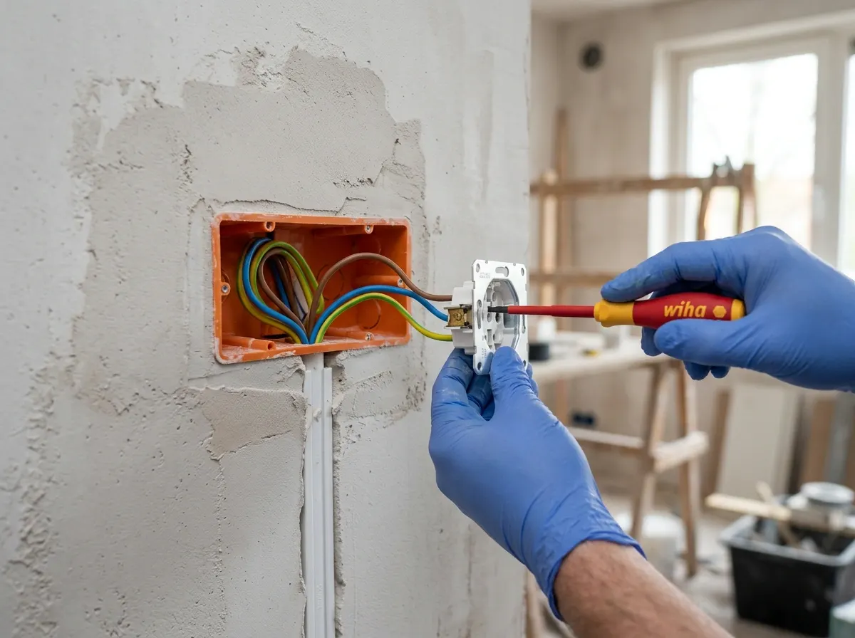 Nieuwe elektrabedrading in een inbouwdoos in een verse wand