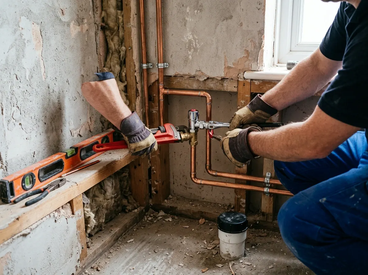 Nieuw leidingwerk met een afsluiter op een badkamerwand in aanbouw
