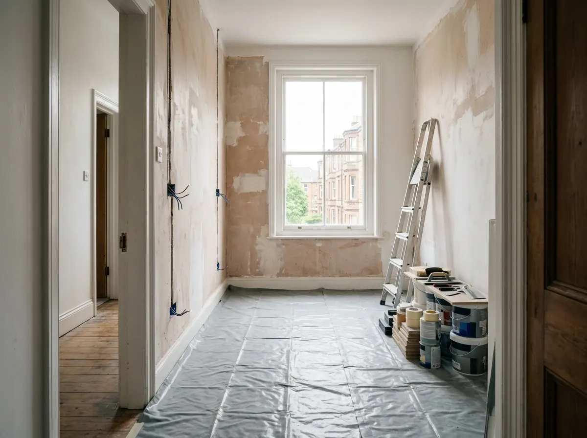 Een appartement halverwege de renovatie, met verse stucwerkplekken en nieuwe leidingen