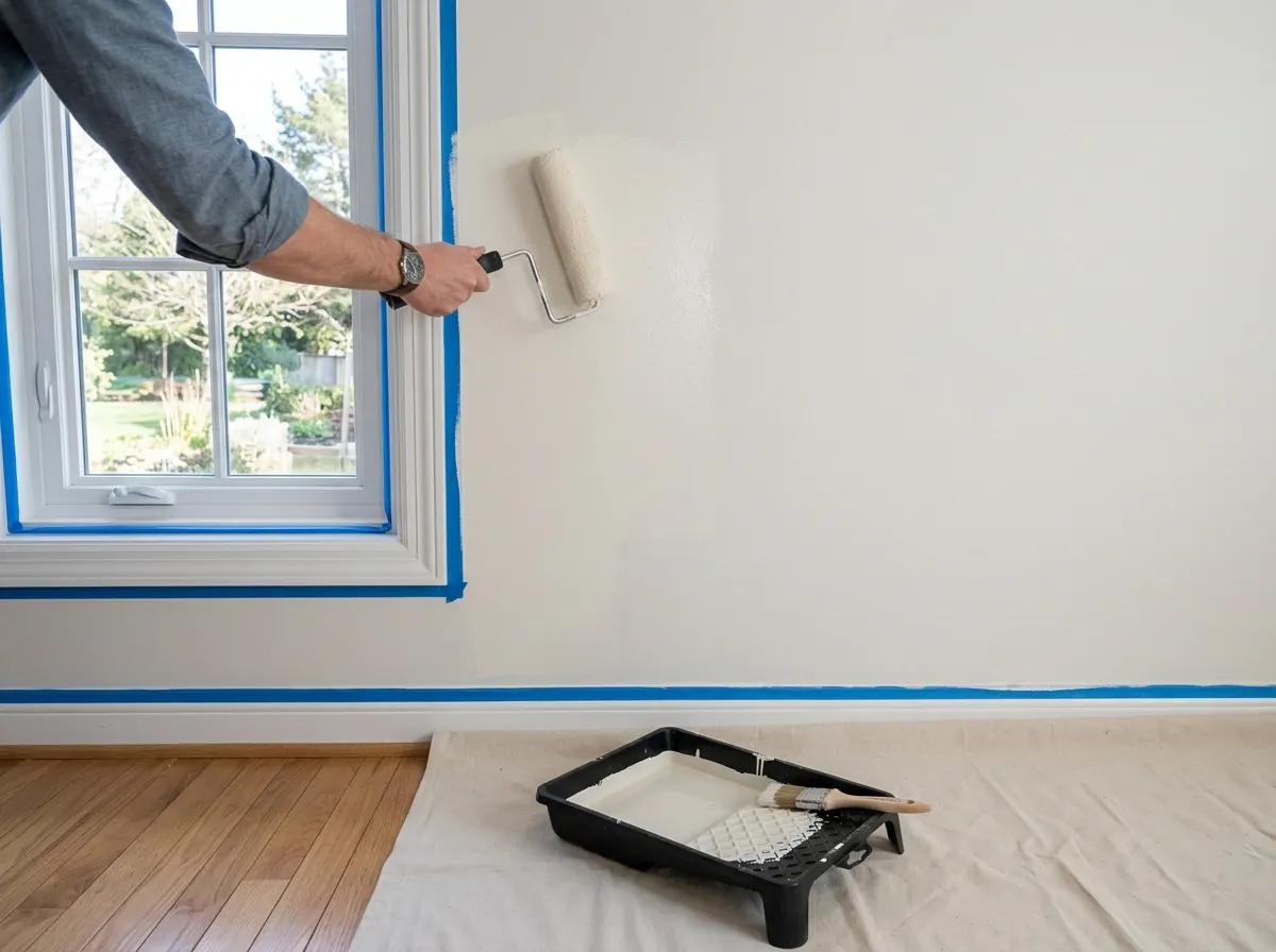 Binnenschilderwerk: een rol met gebroken witte verf op een gladde wand