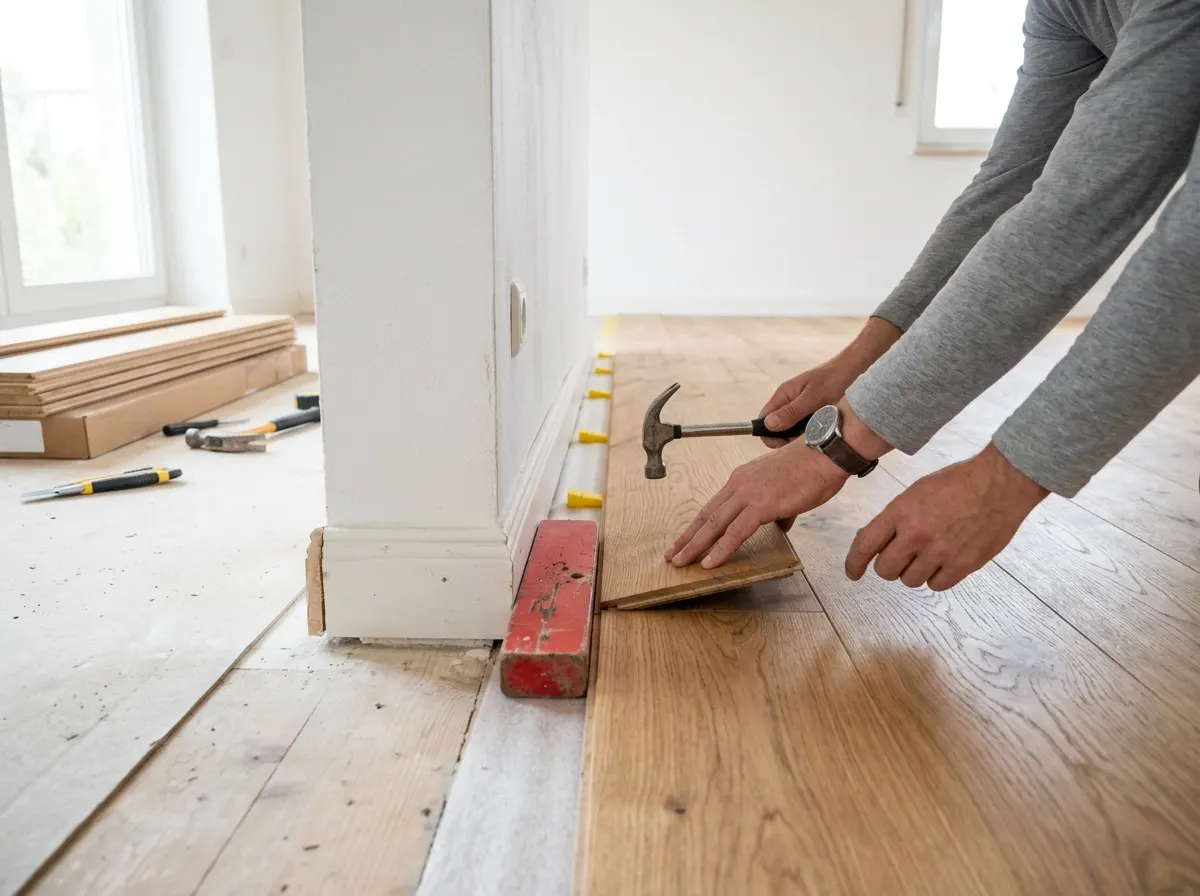 Een nieuwe houten vloer wordt gelegd in een lege kamer