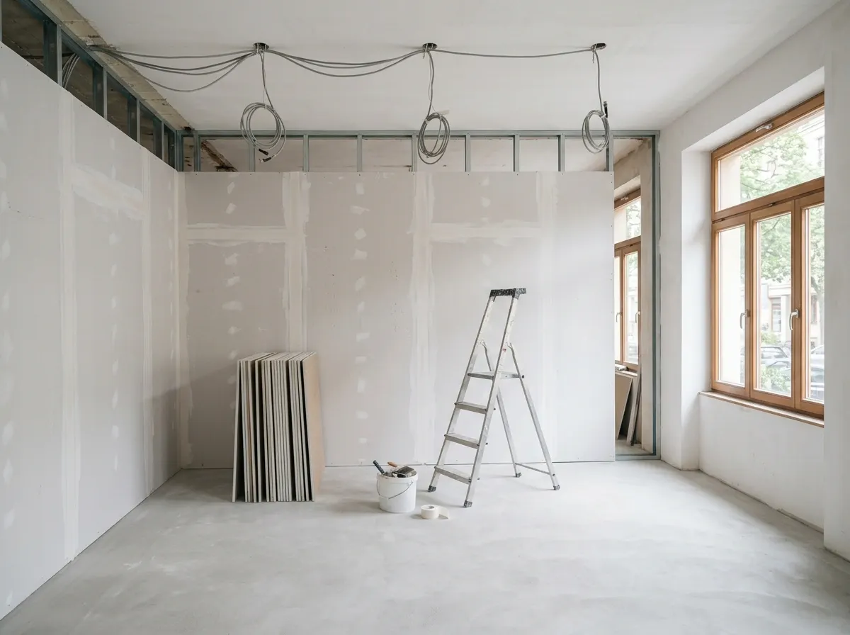 Een lege ruimte met een nieuw opgebouwde wand en kabels naar de plafondpunten