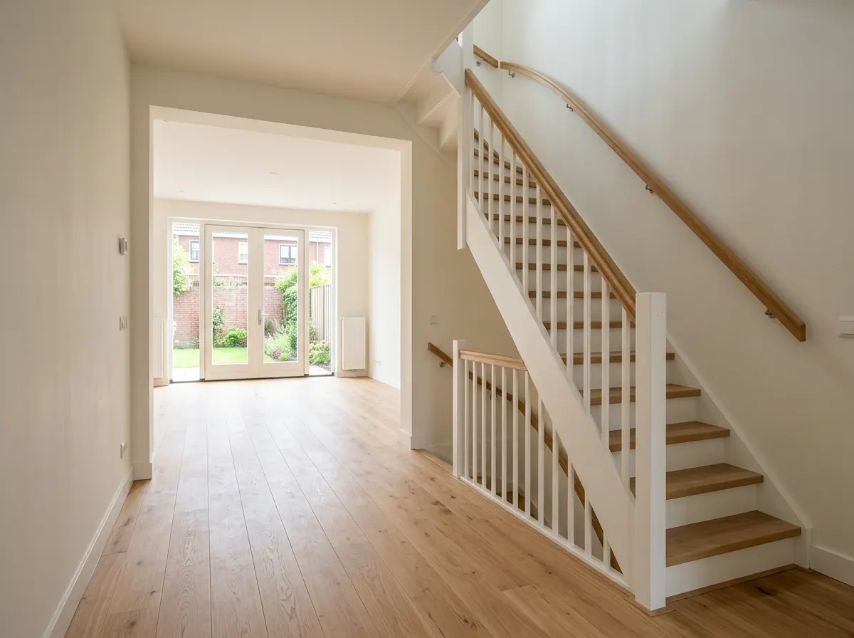 De hal van een gerenoveerde woning met een trap en doorkijk naar de tuindeuren